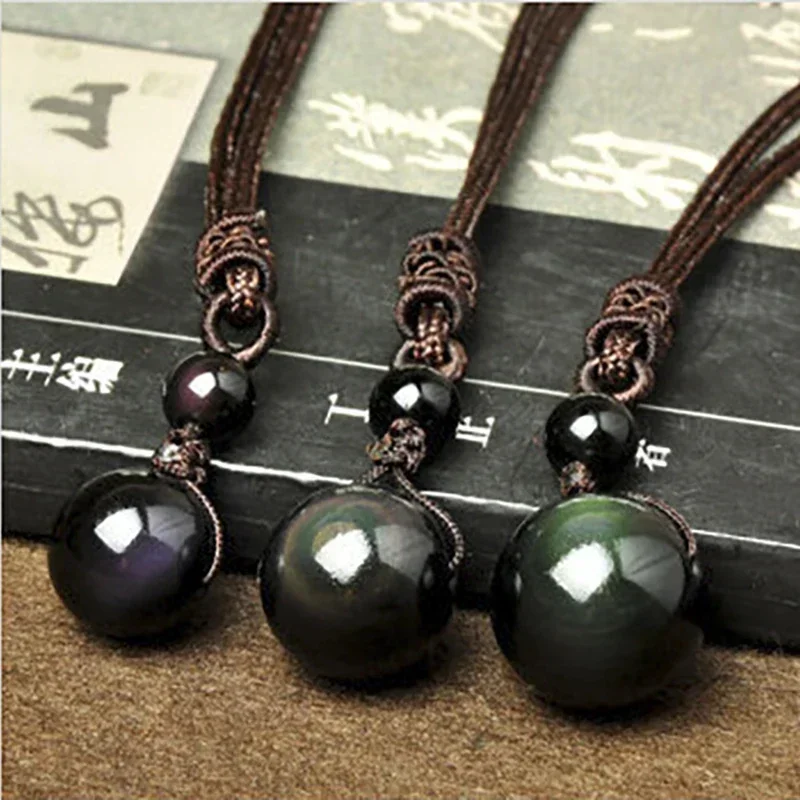 Natural Crystal Rainbow Eye Polished Obsidian Ball Pendant Necklace Rope ChainJewelry Stone Decorative Chakra Home Decoration