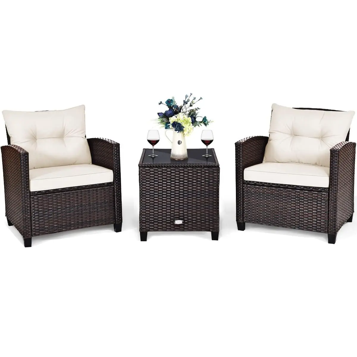 PE Rattan Patio Sofa Set 3 Pcs Wicker Chair With Removable Cushion & Glass Table For Porch Garden Balcony, Customized