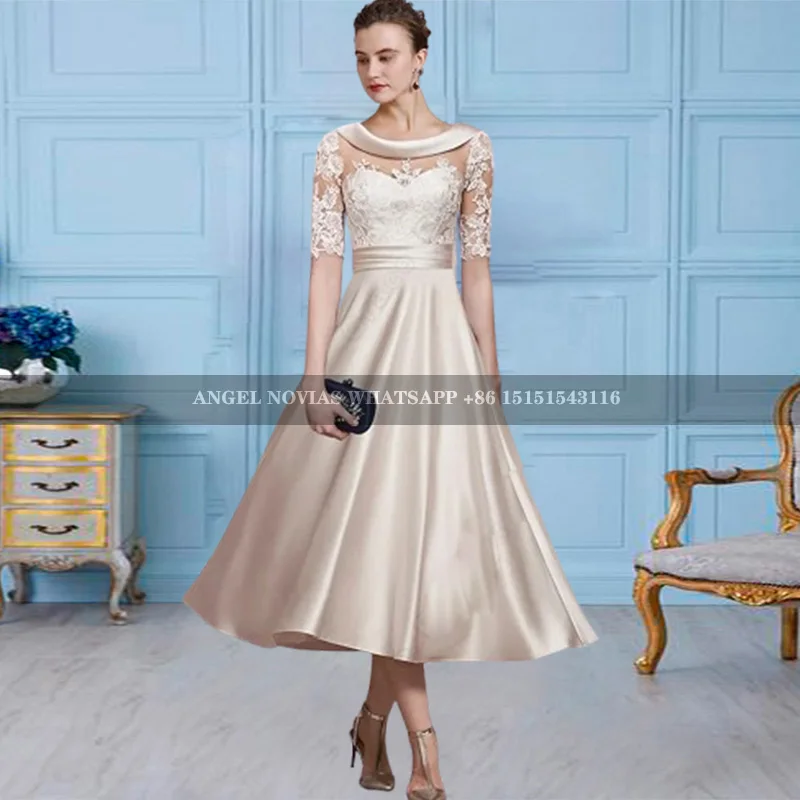 

Tea Length Khaki Chiffon Mother of the Bride Dress with Sleeves Wedding Party Dress Robes Invitee Mariage