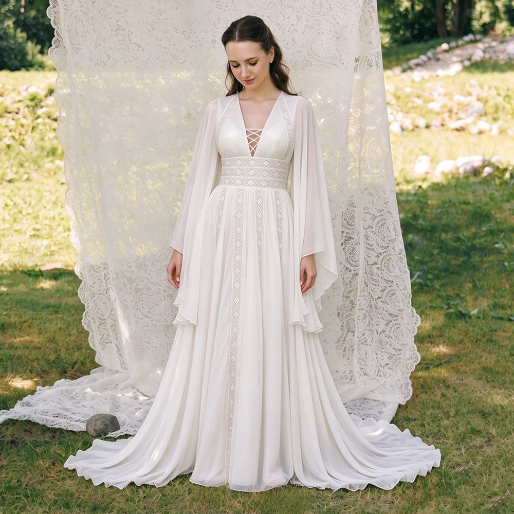 Long Batwing Sleeves Bohemian Chiffon Bridal Gowns A Line Customized Lace Waistband Rustic V Neck Ivory Ceremony Wedding Dress