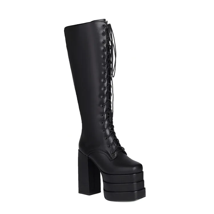 womens fashion boots Lace-up Knee-High Ladies\' Boots female women shoes Round toe womens fashion boots Platform Wedge heel boots