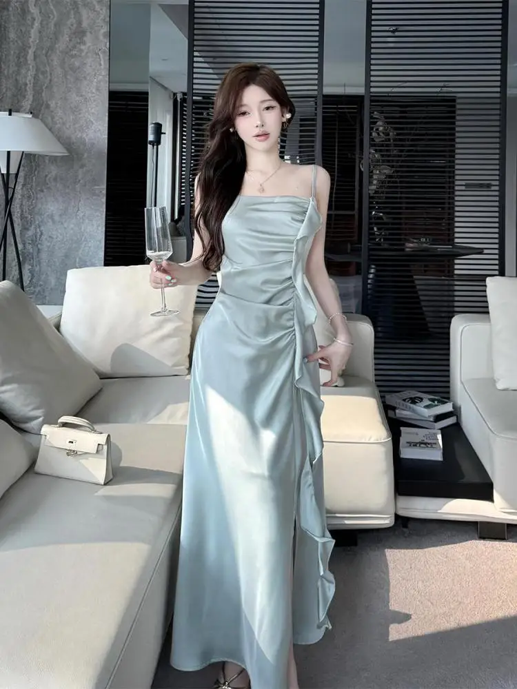 

French Vintage Summer Green Sexy Club Ruffle Edge Pleated Slip Long Dress Women Sleeveless Slim High Waist Party Evening Dresses