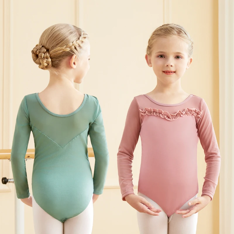 Ballet Leotards for Girls Lacy Long Sleeve Dance Bodysuit Kid Soft Mesh Splicing Practice Gymnastics Bodysuits Ballet Costumes