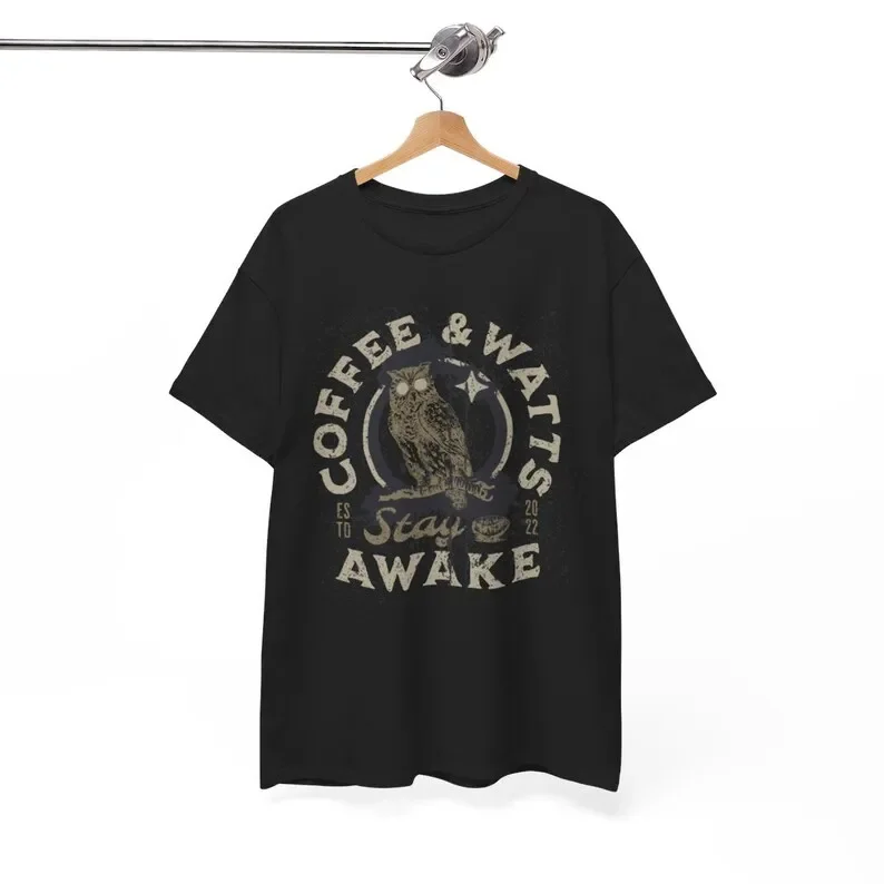 Coffee and Alan Watts Stay Awake Graphic T-Shirt - Inspirational Philosopher Unisex Black Tee - Zen Fashion Gift