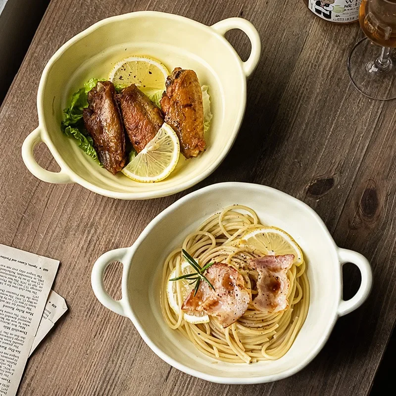 

1PC Micro-flaw Style Ceramic Matte Binaural Bowl Japanese Household Soup Bowl Tableware Soup Noodle Salad Tableware