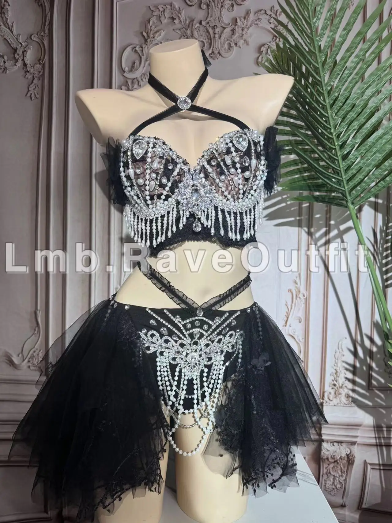 Jazz Ballet Dance Luxury Shiny Diamond Pearl Tassel Sexy Bikini Yarn Dress Singer Bar Nightclub Prom Party Birthday Stage Wear