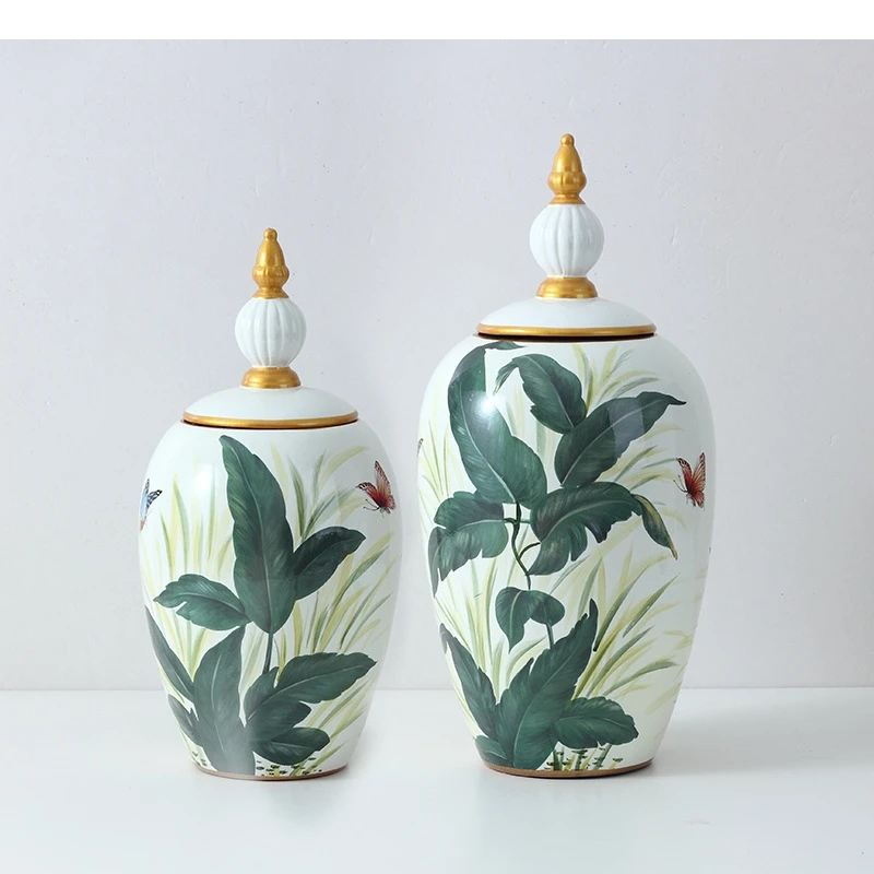 Leaf Pattern Ceramic Storage with Lid Tea Living Room Decoration Crafts Coffee Grain Kitchen General
