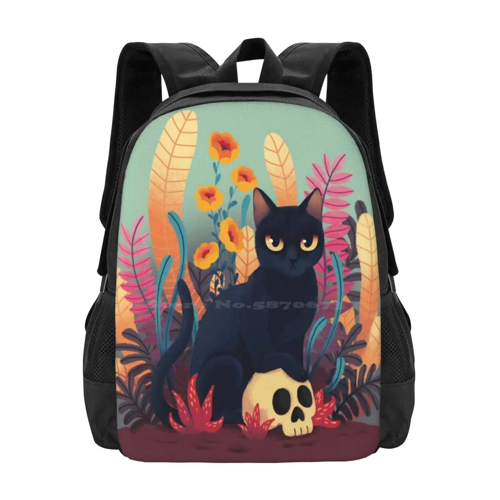 Skull Kitty Hot Sale Backpack Fashion Bags Black Cat Flowers Floral Skull Bones Cat Lady Kitty Plants Halloween Fall Palette