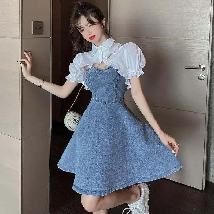 Women's Set Spring/Summer New Bubble Sleeves Short Shirt Slim fit denim camisole dress two-piece set ins