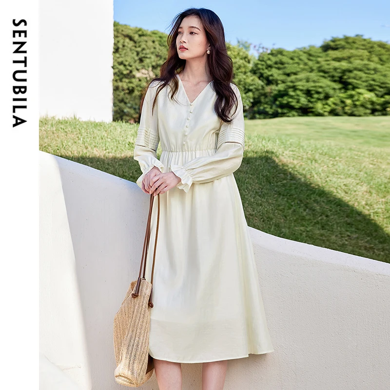 

SENTUBILA Women Long Dresses 2025 Autumn Elegant Vacation Style Hollow-out Ruched Long Sleeve V Neck Loose Party Dress 151L58248