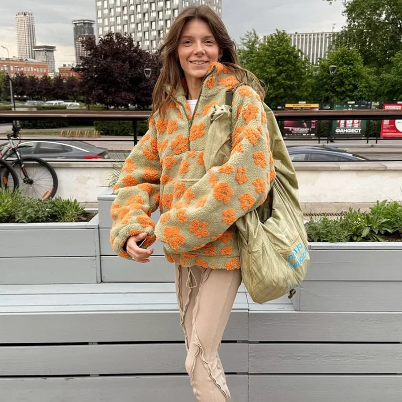 Fleece Flower Sweatshirt For Women 2025 Autumn Winter New Fashion Hoodies Warm Fur Top Zipper Pullovers Casual Outwear