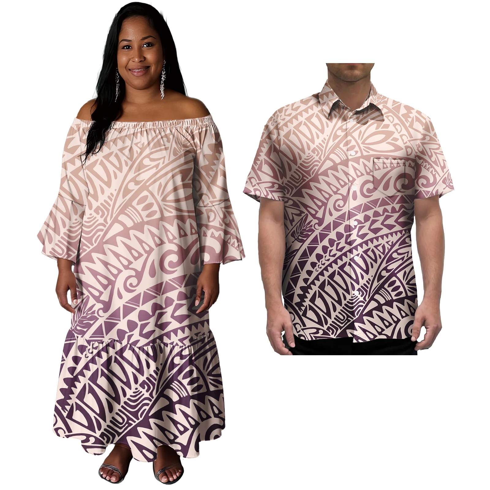 

Island Couple Clothes 2 Pcs Custom Samoa Tonga Polynesian Tribal Women Off Shoulder Mermaid Prom Dresses Match Aloha Men Shirt