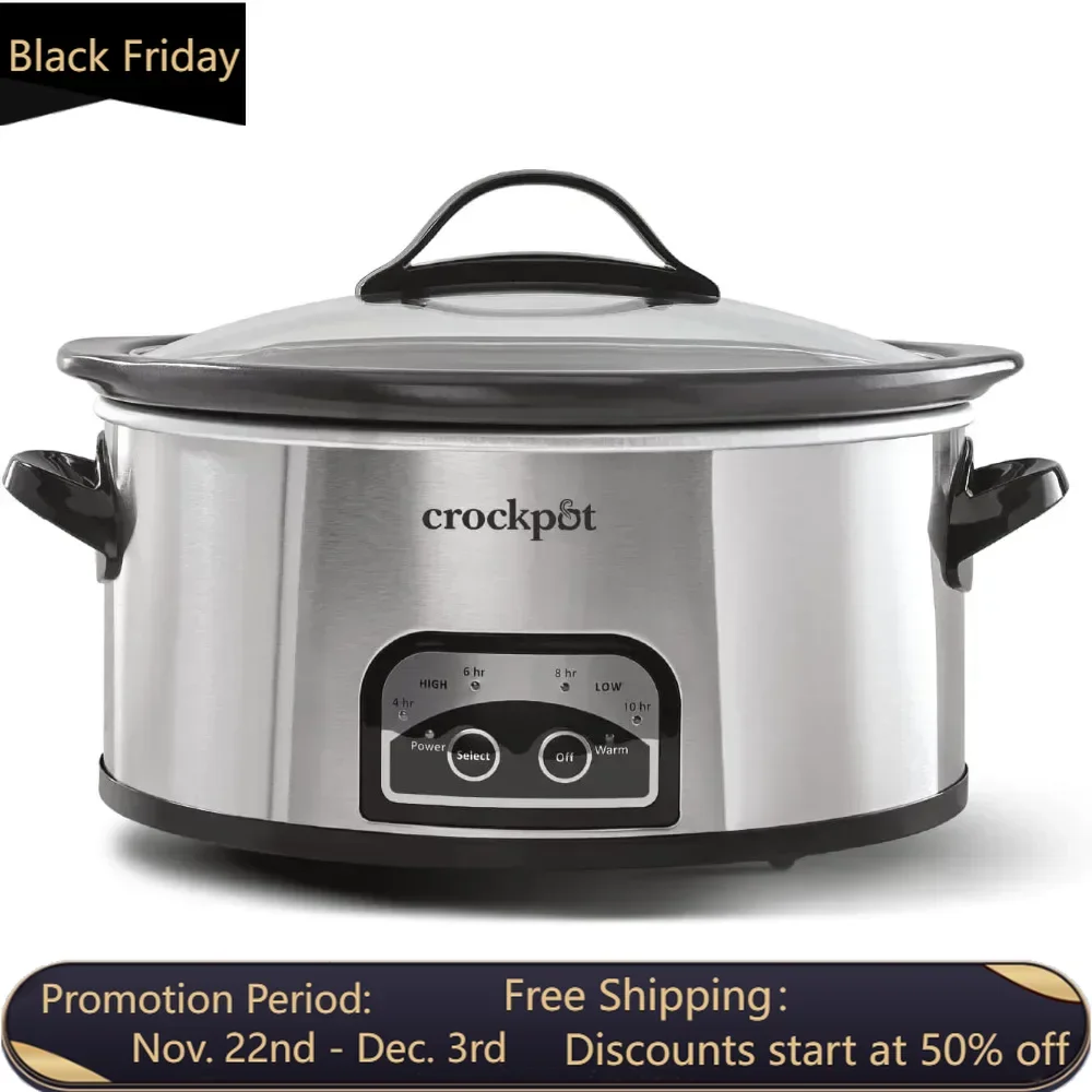 

6 Quart Programmable Slow Cooker with Timer and Auto Food Warmer Setting, Stainless Steel, Non-stick Ceramic Coating