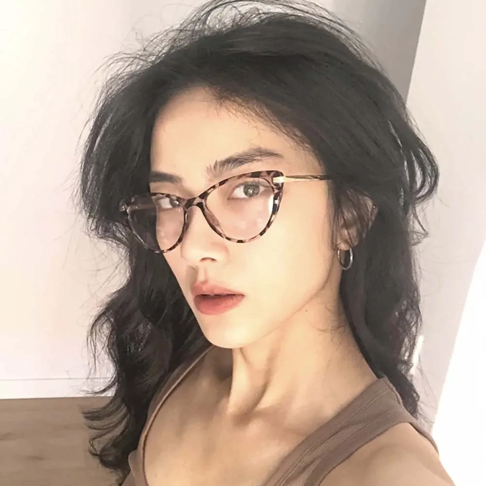 

PC Lightweight Anti Blue-lay Eyewear Thin-frame Leopard Print Cat Eye Glasses Alloy Waterproof Women Plain Glasses Catwalk