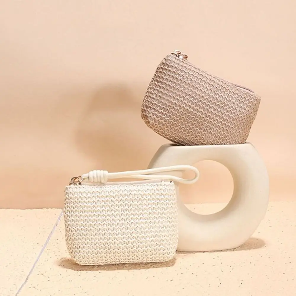

Cute Lightweight Straw Woven Coin Purse Earphone Case ID Card Holder Card Holder Hand Held Wallet Mini Storage Bag Outdoor