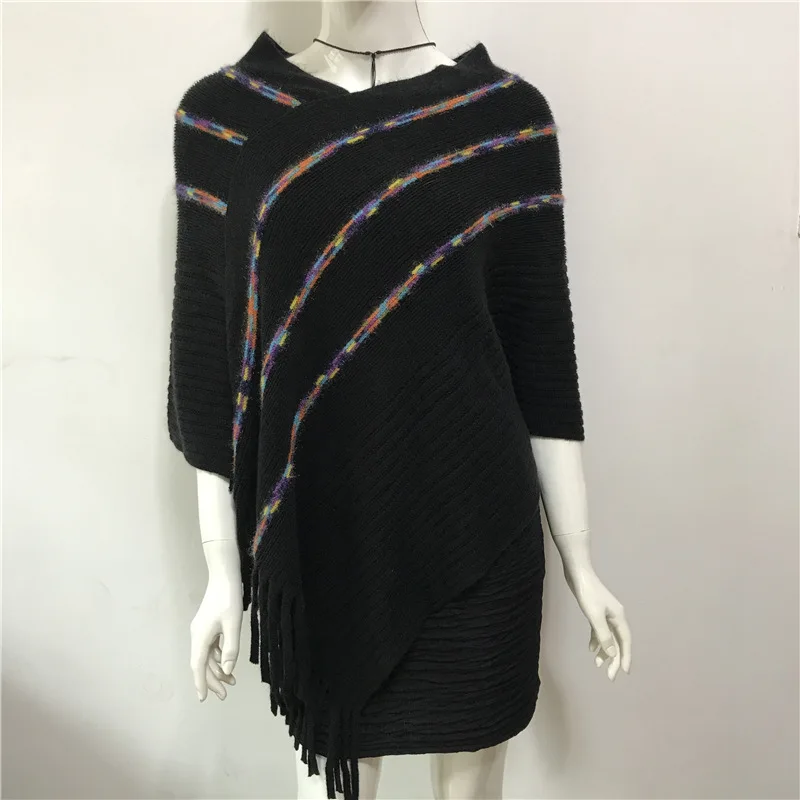 

Spring Autumn New European American Tassel Color Stripe Fashion Pullover Lady Knitted Cloak Shawl Color Three Pole Black