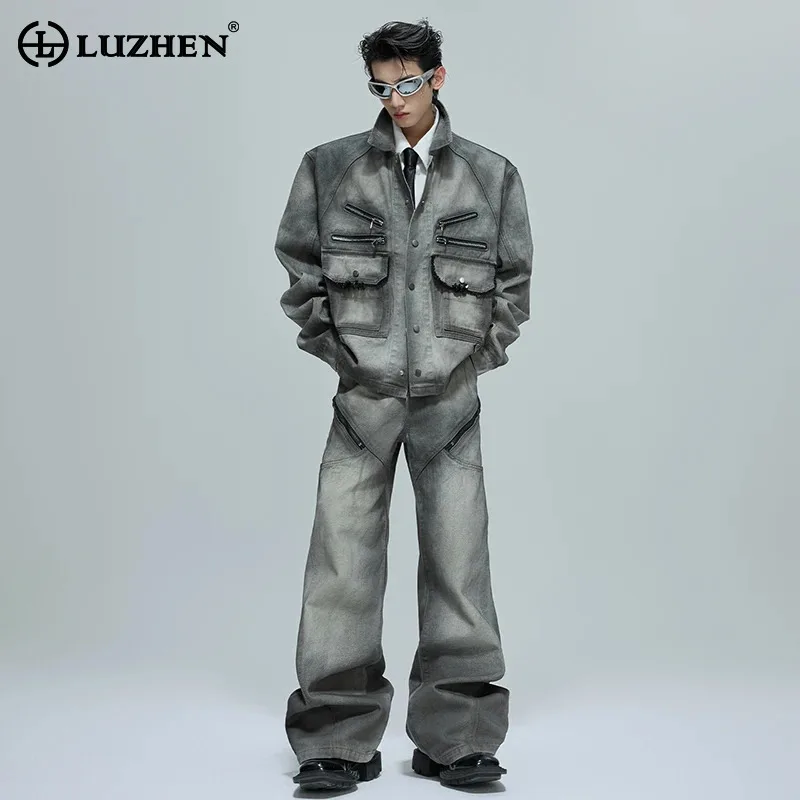 

LUZHEN Fashion Vintage Gradient Washed Wide Leg Jeans Original Multi Pockets Decorate Loose Shoulder Pad Denim Jacket New JY4372