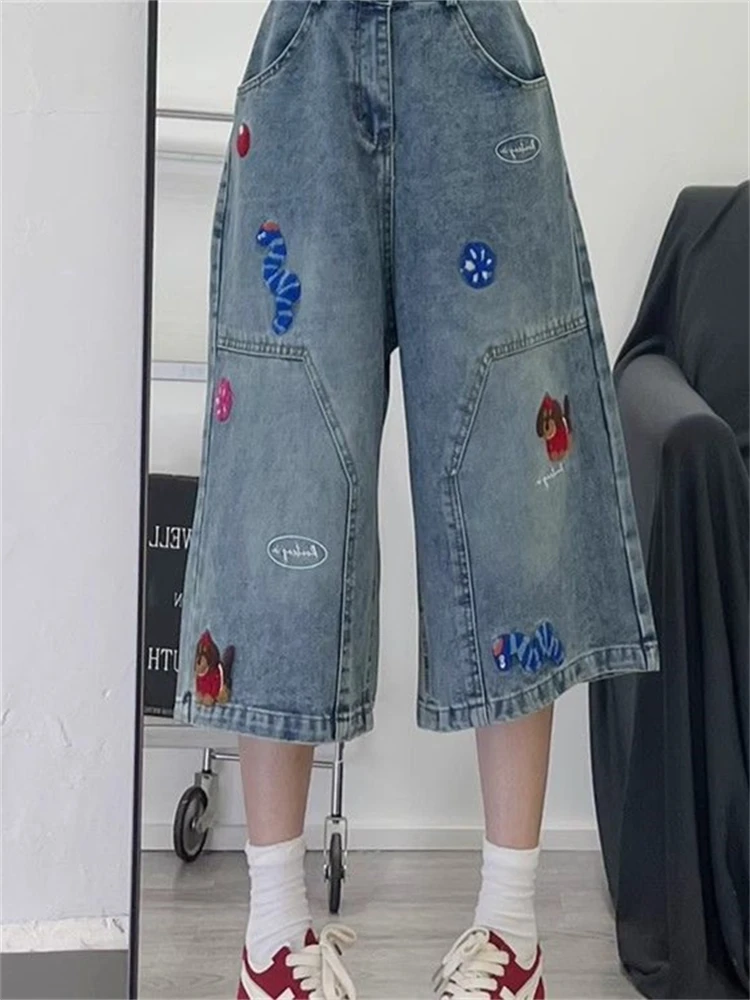 Plones Vaqueros Bordados de Dibujos Animados Retro Americanos, Plones de Pierna Ancha de Cintura Alta, Estilo Casual ...