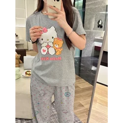 Sanrio Hello Kitty Silk Pajamas Women's Autumn Cotton Short Sleeve Two-piece Casual Women's Pajamas Homewear Pajamas Pants Set