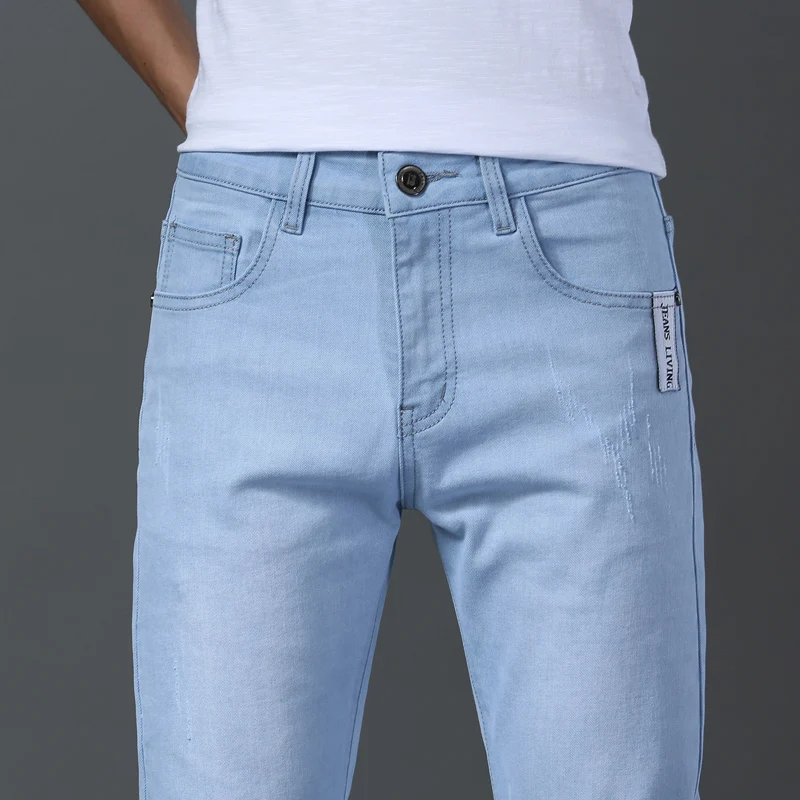 Men Business Casual Straight Narrow Leg Jeans Light Blue Gray Stretch Vintage Denim Pants Streetwear Slim Fit Quality Trousers