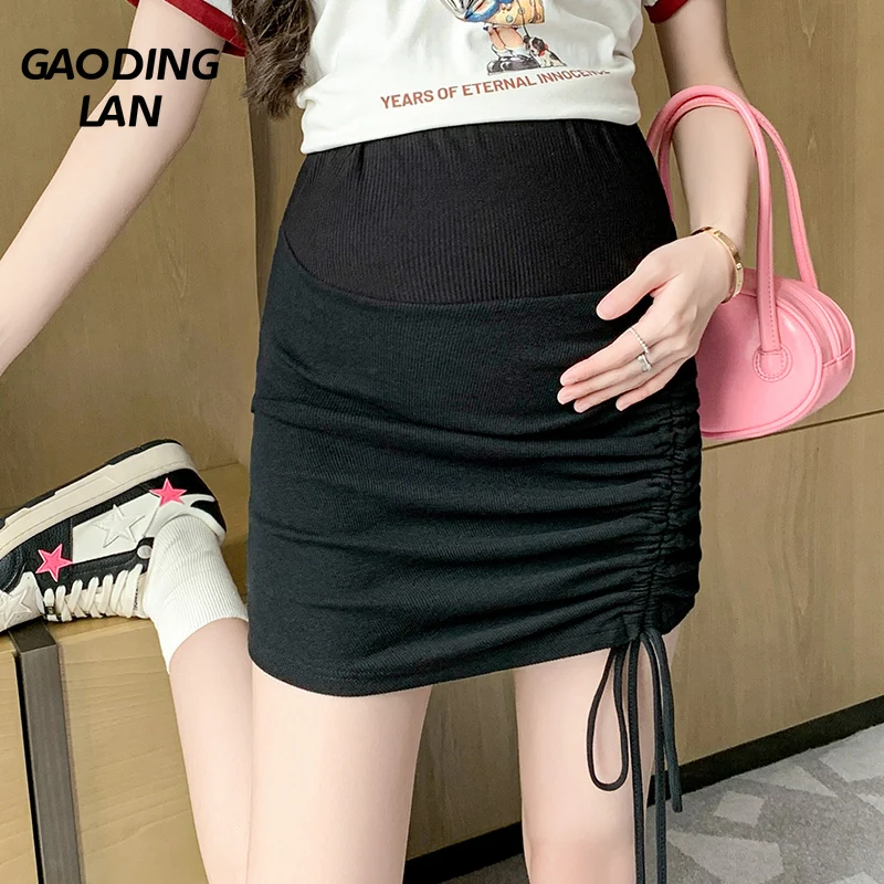 

GAODINGLAN Pregnant Woman Thread Versatile Large Size Wrap Buttocks Skirt Summer Drawstring Tie Solid Mini Maternity Skirts