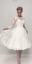 Tea Length A-Line Wedding Dresses Lace Applique Long Sleeves Vintage Bridal Gowns Crew Neck Garden Bride Vestido Customized