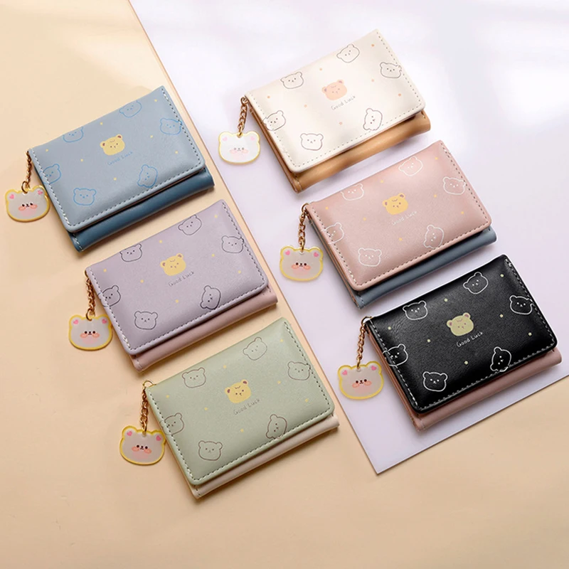 Women Short Thin Korean Version Cute Cartoon Bear Ladies Small Wallet Student Three-fold Wallet Female Fashion Short Coin Purse