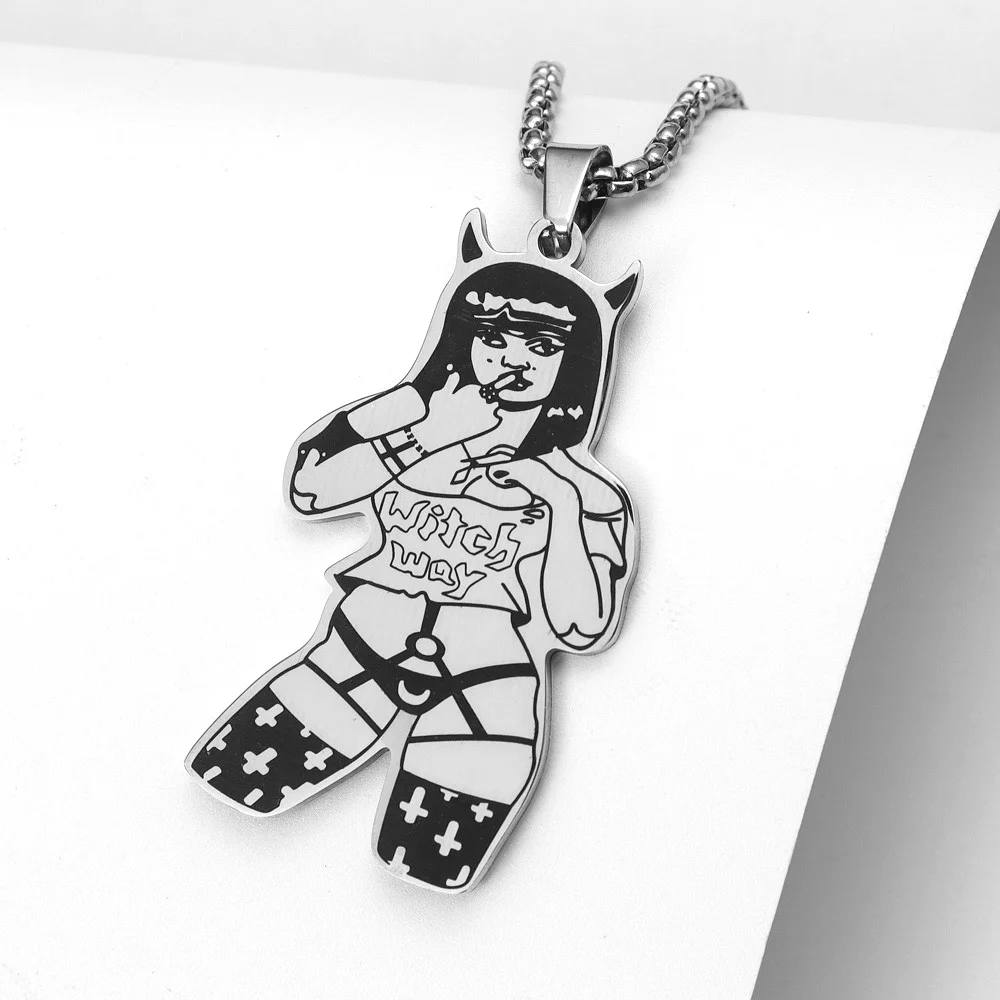 Trend Stainless Steel Modern Witch Goddess Pendant Necklace Glamour Women Necklace New Fashion Hip Hop Punk Jewelry Accessories