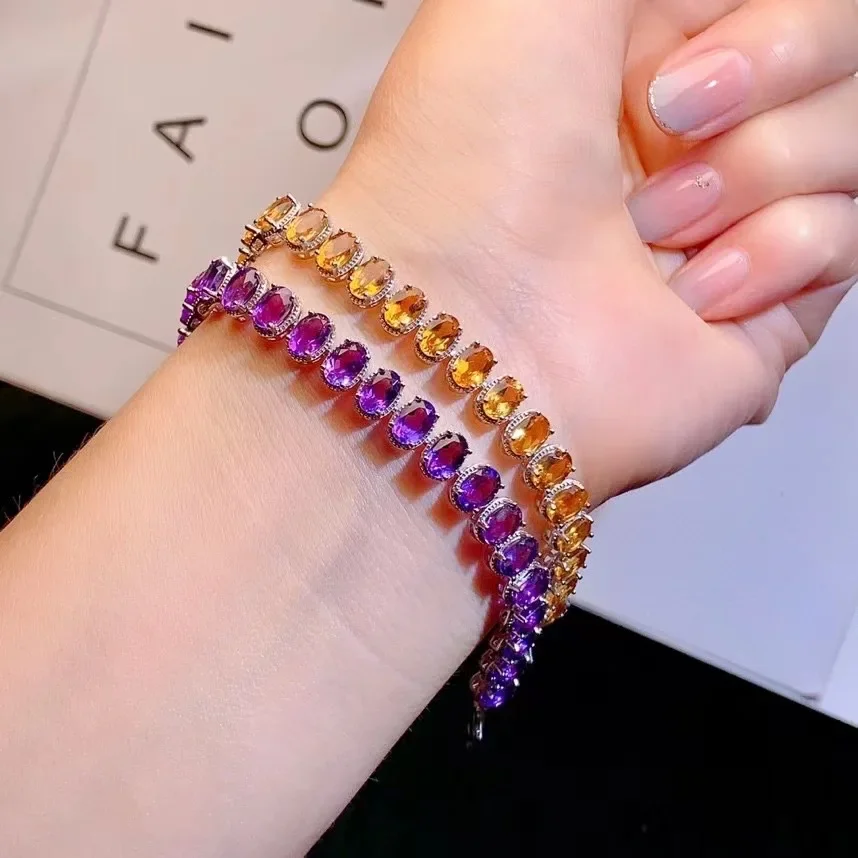 Fashion Silver Amethyst Bracelet for Woman 4mm*6mm VVS Grade Natural Amethyst and Natural Citrine Silver Bracelet Gift for Woman