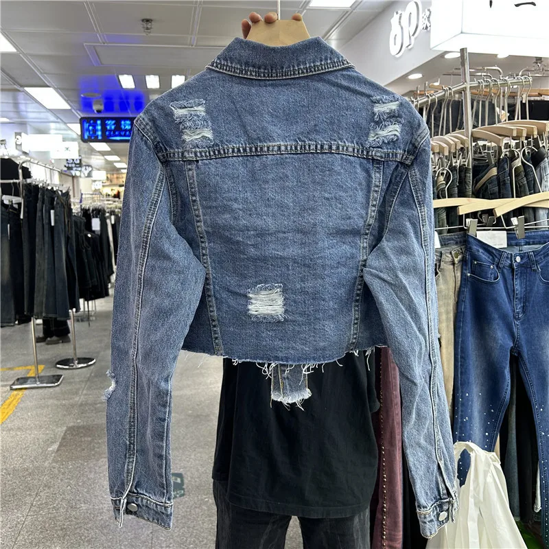 Harajuku Vintage Hole Denim Jacket Irregular Frayed Burrs Hem Purple Blue Spring Autumn New Women Short Jeans Jacket Streetwear