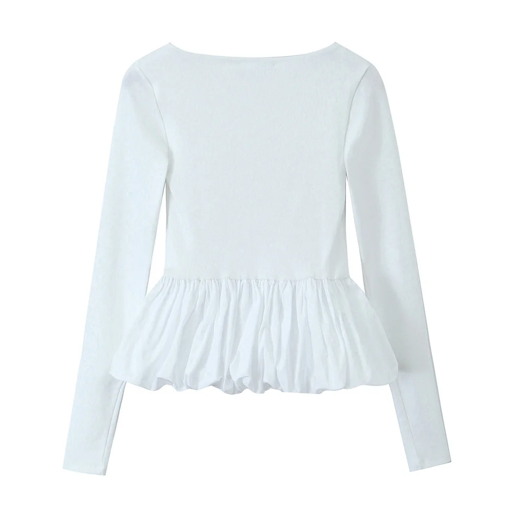 Taop&Za 2024 Spring Square Neck White Short Spliced Short Skirt Style Hem Long sleeved Top for Women