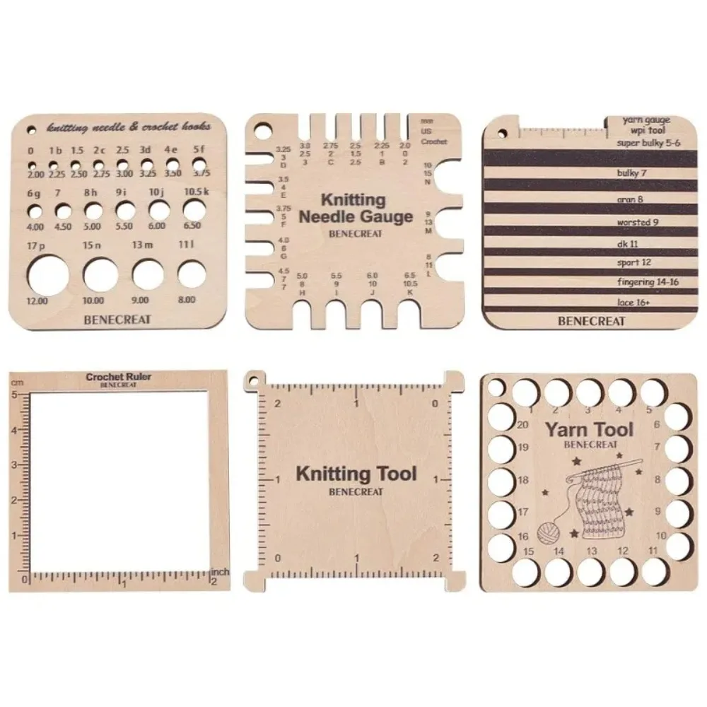 

6 Styles Wood Knitting Gauge Rulers Crochet Hook and Yarn Wrap Per Inch Guide Knitting Tool for Spinners Yarn Measuring Crochet