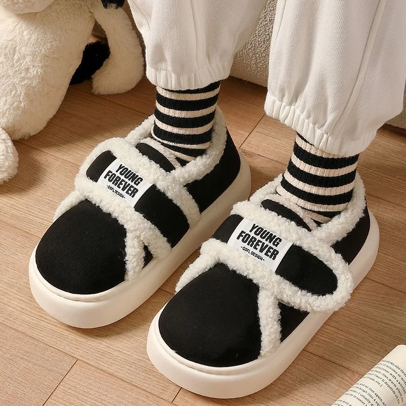 Warm Cotton Slippers Women Men Winter Platform Shoes Soft Plush Thick Sole Couples Indoor Home Floor Footwear With Heels