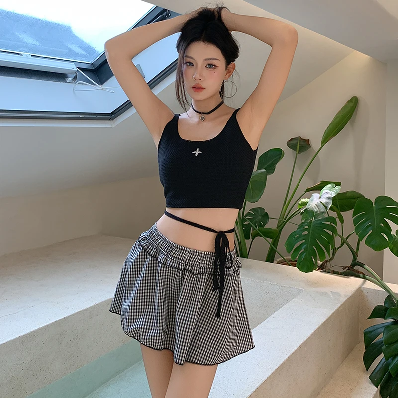 

Korean Sle Tee Piece Bikini Swimwear Women's High End Pure Desire Sexy Spicy Girl Island Vaion Plaid Skirt Sle