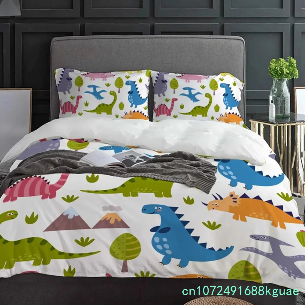 Kawaii Dinosaur Cartoon White Bedding Set 3pcs Duvet Cover Pillowcase Kids Adult Quilt Cover Double Bed Set Home Textile