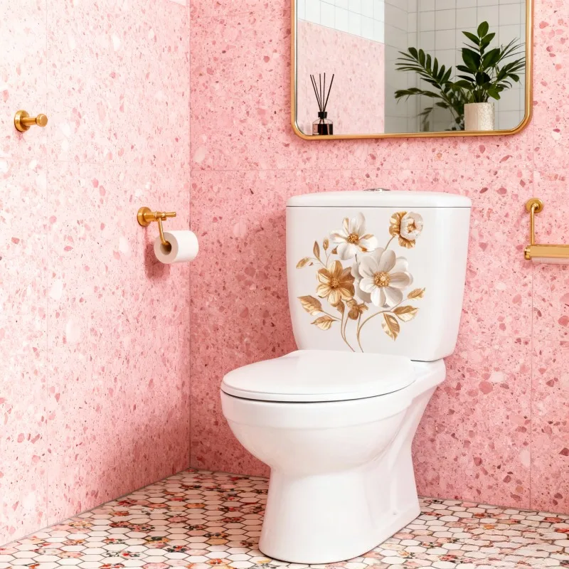 AD34116 New Gold White Dual Tone Flower Toilet Seat Sticker Self Adhesive Waterproof Bathroom Upgrade Toilet Stickers