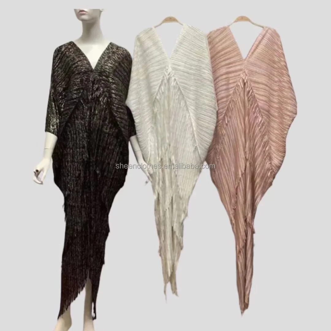 Elegantes, metallisches, figurbetontes, langes indisches Abendkleid mit Puffärmeln, V-Ausschnitt, Falten und Pailletten, Fransen, für Damen in großen Größen – Detail 2