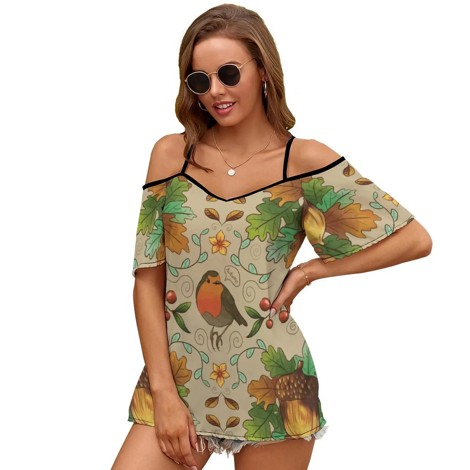 Autumn Robin Pattern Women Short Sleeve Tops O-Neck Hollow Out Shoulder Strap Tees Streetwear Robin Bird Little Bird Tiny Cute