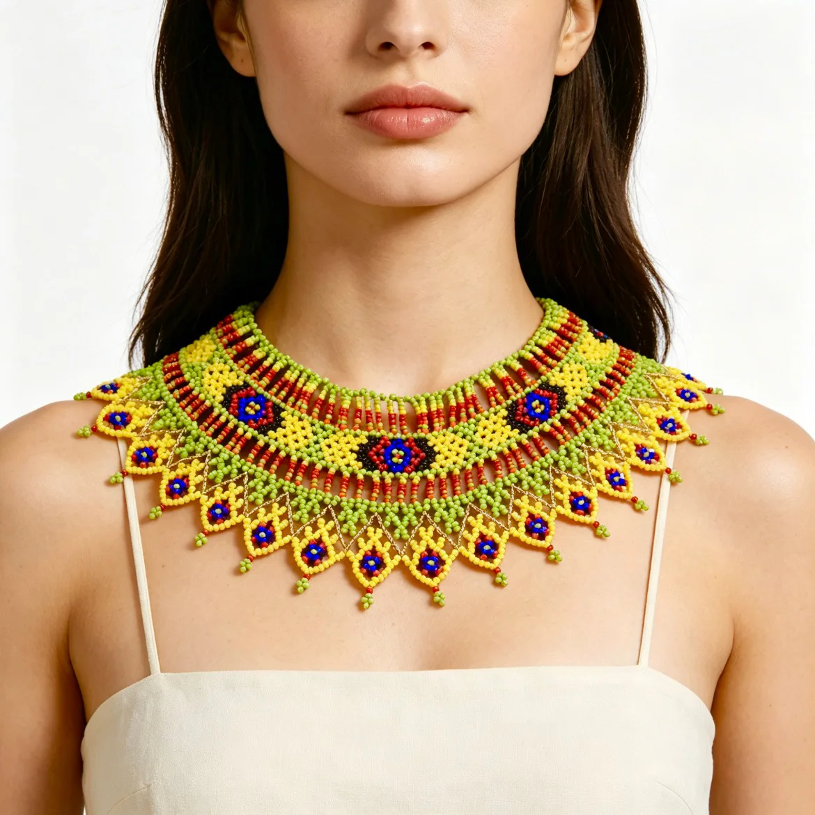 Bohemian Handwoven Bright Seed Bead Ethnic Vibrant Statement Bib Collar Necklace For Holiday Beach Party Festival Photography
