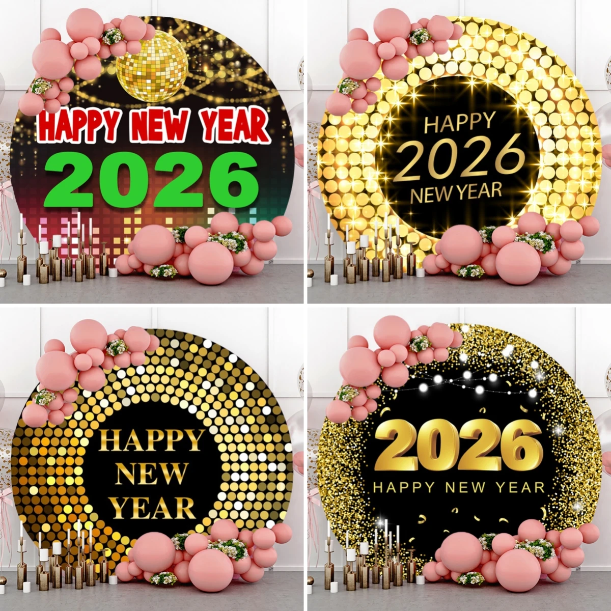 سعيد 2026 السنة الجديدة جولة التصوير خلفية الذهب ديسكو تصاميم حفلة لامعة للعائلة ليلة رأس السنة الخلفيات دائرة
