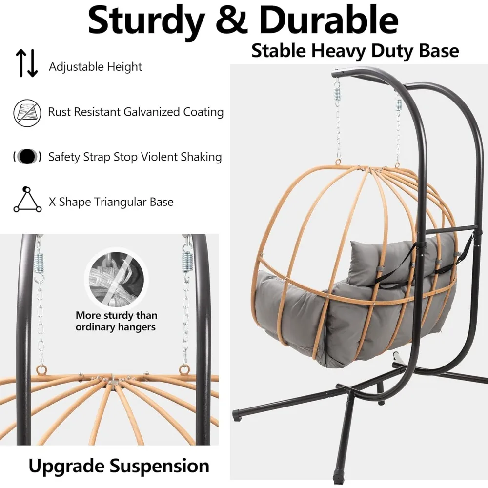 كرسي أرجوحة على شكل بيضة لشخصين في الهواء الطلق مع وسائد، كرسي سلة معلق من الروطان المقلد للاسترخاء #3
