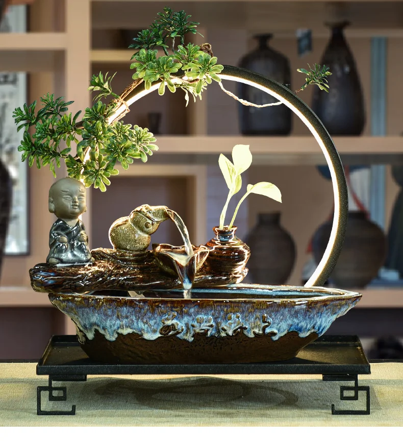 Lamp Creative Circulating Tabletop Fountains Waterfalls Ceramic Feng Shui Home Decoration LED Night Light