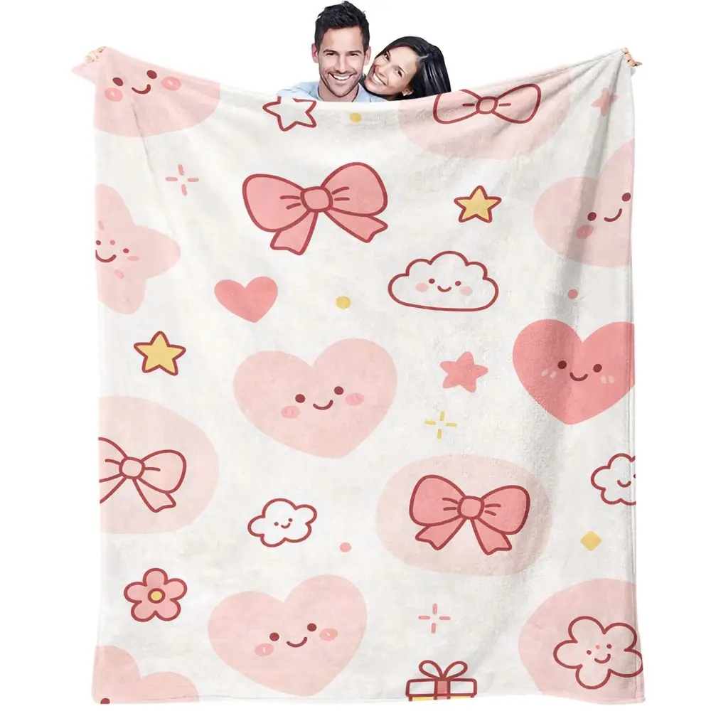 Pink Bow Heart Cartoon Print Blanket Flannel Blanket Throw Blanket Warm Blanket Gift Blanket HD Print Girly Bedroom Cover