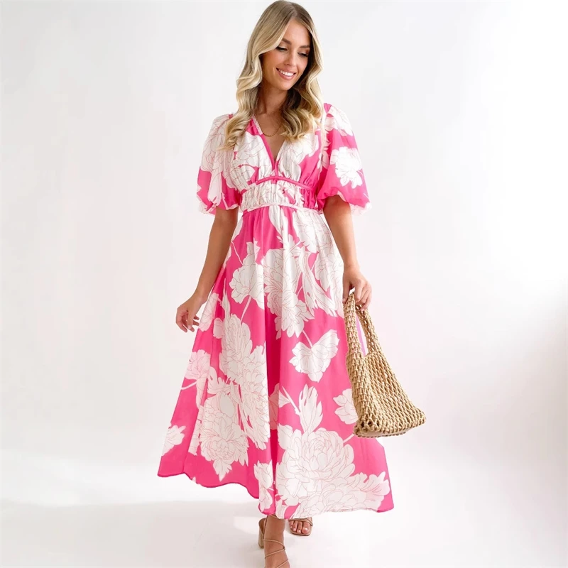 Fashion Boho Floral Print Long Dress For Women New Spring Summer Short Sleeve V Neck Elegant Style Maxi Dresses Robe Femme