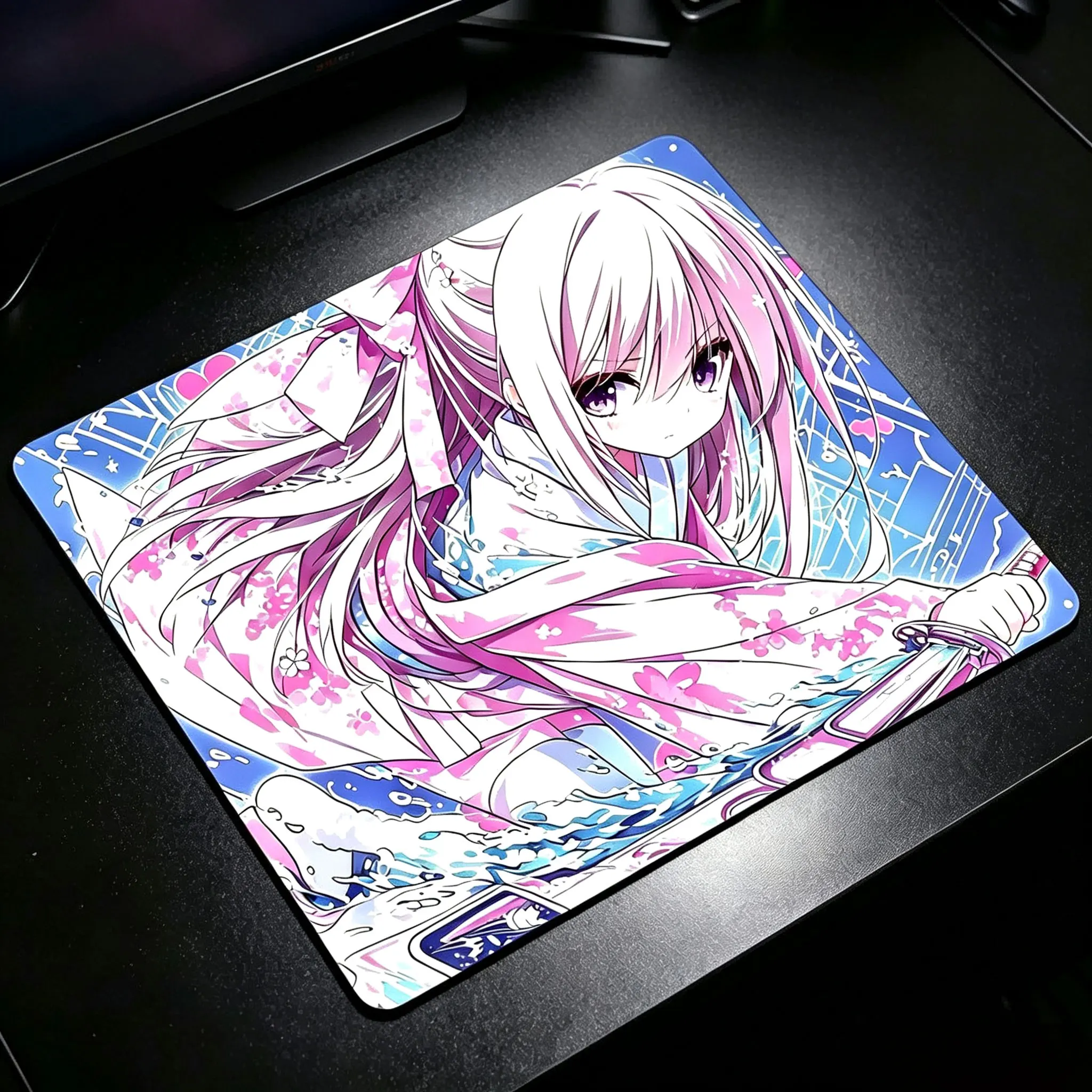 Japanese Anime Samurai Girl Y2K Glass Mouse Pad Large Custom Frosted Surface Desk Mat Tempered FPS Office Pad Gaming Accessories