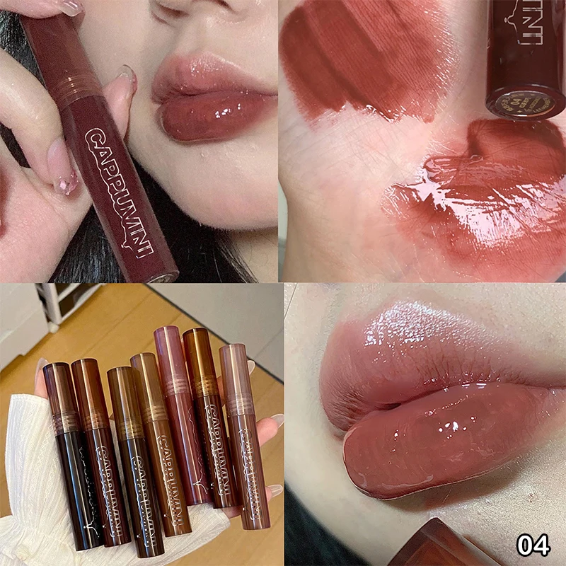 Cappuvini Punk Dark Brown Mirror Water Lip Gloss Red Lip Glaze Transparent Glass Lip Oil Waterproof Liquid Lipstick Tint Makeup