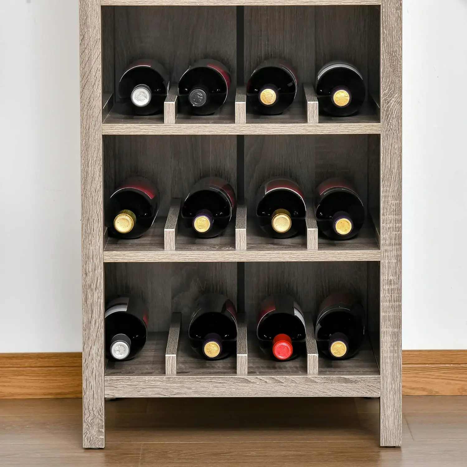 12-Bottle Wine Rack, Glass Door and 3 Storage Compartment for Living Room, Home Bar, Dining Room, Grey Oak