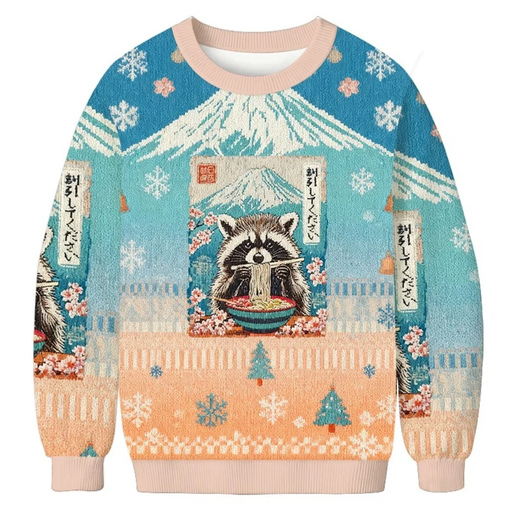

Holiday Autumn Pullovers Fashion Casual Loose Long Sleeve Round Neck Harajuku Oversized Sweatshirts Raccoon Christmas Tunics