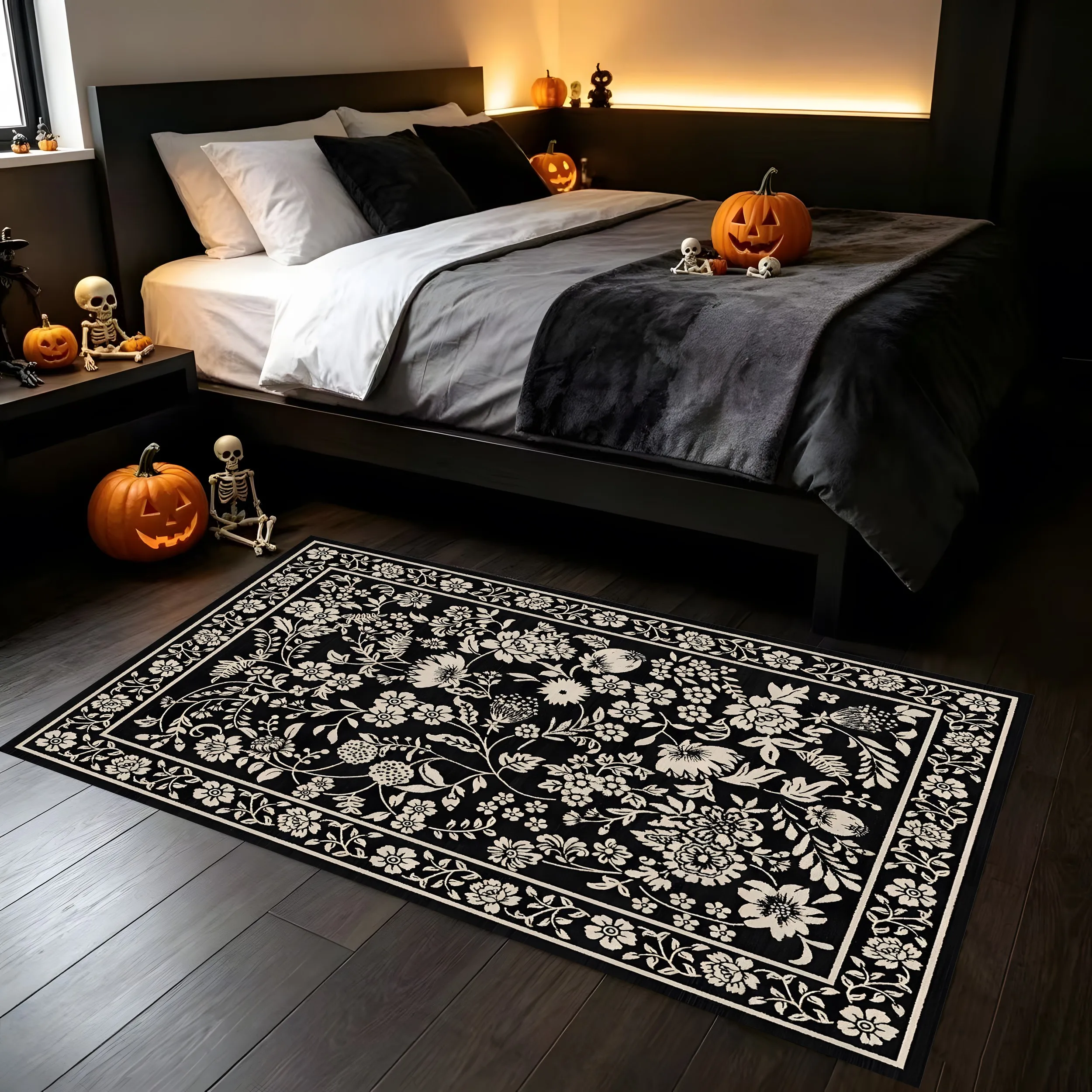 Black Beige Floral Print French Retro Velvet Rug for Housewarming Living Room Bedroom Entryway Elegant Home Decor