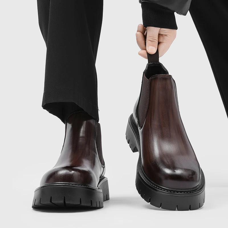 Men's Chelsea Boots, Thick Sole Height‑Increasing Short Leather Boots, Non‑Slip Wear‑Resistant British Style High‑Top Men Boots